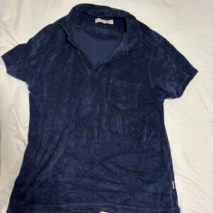 Orlebar Brown, Navy Blue Cotton Polo Shirt (Size L)
